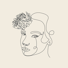 One continuous line portrait of woman with flower. Hand drawn linear face. Abstract minimalism style. Beauty and fashion. Vector decoration design for card, t-shirt, tattoo, poster. 