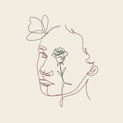 One continuous line portrait of woman with flower. Hand drawn linear face. Abstract minimalism style. Beauty and fashion. Vector decoration design for card, t-shirt, tattoo, poster. 