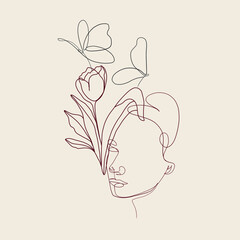 One Continuous Line Woman Portrait With Flower And Butterfly. Minimalism Trendy Style. Hand Drawn Vector Illustration. 