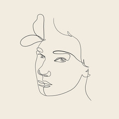 One Continuous Line Woman Portrait With Flower And Butterfly. Minimalism Trendy Style. Hand Drawn Vector Illustration. 