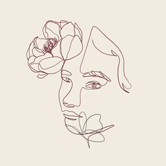 One continuous line portrait of woman with flower. Hand drawn linear face. Abstract minimalism style. Beauty and fashion. Vector decoration design for card, t-shirt, tattoo, poster. 