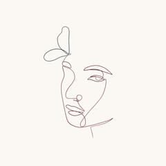 One Continuous Line Woman Portrait With Flower And Butterfly. Minimalism Trendy Style. Hand Drawn Vector Illustration. 