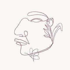 One continuous line portrait of woman with flower. Hand drawn linear face. Abstract minimalism style. Beauty and fashion. Vector decoration design for card, t-shirt, tattoo, poster. 