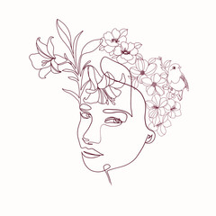 One continuous line portrait of woman with flower. Hand drawn linear face. Abstract minimalism style. Beauty and fashion. Vector decoration design for card, t-shirt, tattoo, poster. 