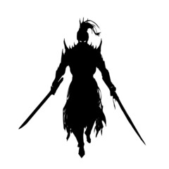 A silhouette of a warrior with two swords, his armor is spiked, his hair grows. 2D illustration