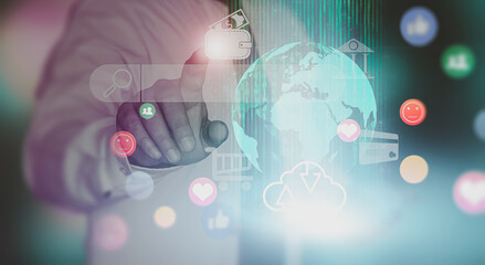 Businessman explore metaverse technology with blockchain network connecting, metaverse virtual world for business future. Visualization, Virtual augmented reality on social network,Digital, internet  