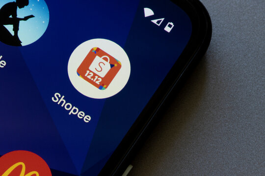 Portland, OR, USA - Dec 8, 2021: Shoppe mobile app icon is seen on a Google smartphone before the Double 12 sale day. Shopee Pte Ltd is a Singaporean tech company that focuses mainly on e-commerce.