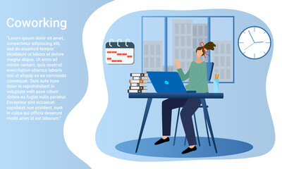 Coworking.A woman works in an office.Office work and production control.Poster in business style.Flat vector illustration.