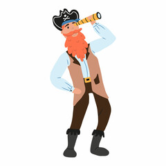 Vector illustration of cute male pirate with red beard. Pirate captain. The pirate looks through the spyglass.