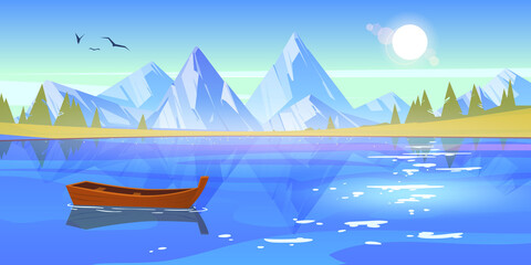 Wooden boat on lake, pond or river with mountains and spruce trees around. Lonely wood skiff at beautiful landscape with birds flying in blue sunny sky above water surface, Cartoon vector illustration