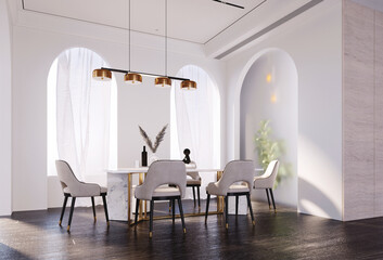 3d rendering,3d illustration, Interior Scene and  Mockup,The dining room features a sunlit arched window, a marble dining table and gray chairs.