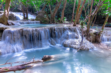 Erawan waterfalls in the national park mountains of Kanchanaburi BKK Bangkok Thailand lovely turquoise blue creamy waters lush green trees smooth rock formations