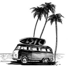 Vintage van with surfing boards on a beach with palm trees. Ink black and white drawing