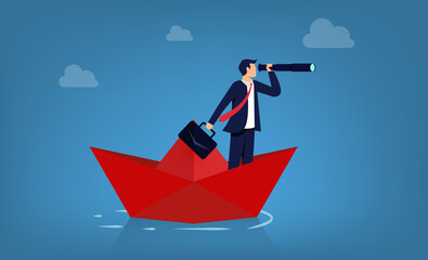 Business management and direction. Businessman holding telescope on paper boat symbol.