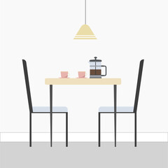 Interior of the coffee room. Cafe decor. Coffee table with cups, french press  and with two chairs near. Vector illustration.