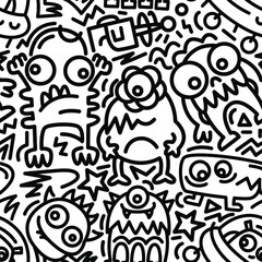 Modern Alien doodle pattern: Space monsters and doodle elements - 473912681