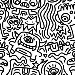 Modern Alien doodle pattern: Space monsters and doodle elements - 473912683