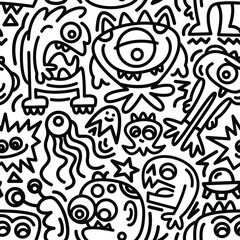 Modern Alien doodle pattern: Space monsters and doodle elements - 473912695