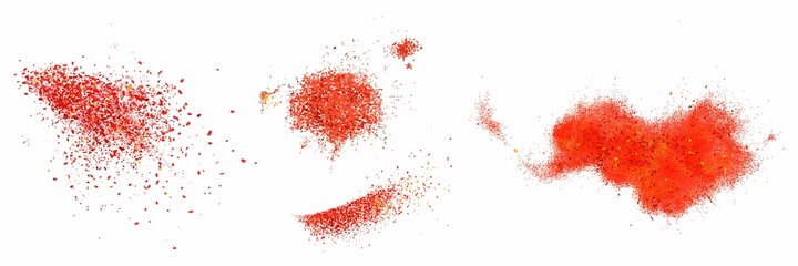 Scatters of red pepper powder. Vector realistic illustration of ground paprika and chili pepper seasoning. Splashes of hot dried spice isolated on white background - obrazy, fototapety, plakaty
