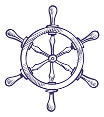 Ship steering wheel in hand drawn style. Pen ink sketch