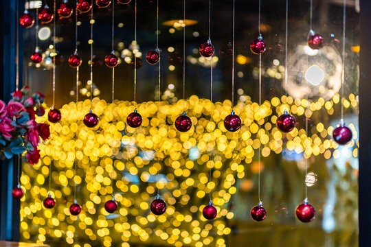 Merry x-mas,Close up of Colorful balls ,Christmas greeting picture parcel decoration on Yellow Colorful light Abstract circular bokeh background Decoration During Christmas and New Year.