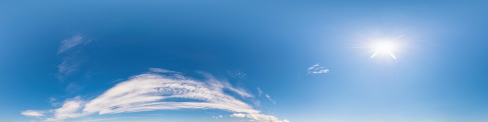 Blue sky with clouds panorama, without ground. Complete zenith for easy use in 3D graphics and panorama for composites in aerial and ground spherical panoramas as a sky dome.