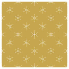 White snowflake seamless pattern on gold background. Vector Christmas ornament design for prints, package, cover, greeting card, digital, scrapbook, surface.