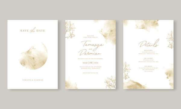 Elegant wedding card invitation set template with hand drawn watercolor painting