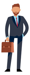 Man in suit holding briefcase. Modern businessman character