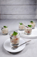 Puding Peach Gum or peach gum collagen dessert pudding is a Chinese traditional refreshment beverages. It is Contains Bird Nest, Red Dates, Snow Fungus, and peach gum.