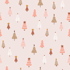 Pink christmas tree seamless pattern. Cute hand drawn fir tee on pink background. Pink winter forest seamless pattern. Nordic Christmas tree fabric design. Simple pink Christmas illustration.