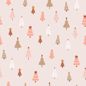 Pink christmas tree seamless pattern. Cute hand drawn fir tee on pink background. Vector winter forest seamless pattern. Nordic Christmas tree fabric design. Simple pink Christmas illustration.