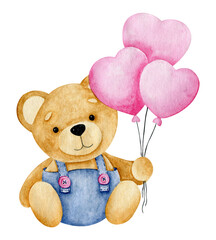 Cute teddy bear with heart shaped balloons watercolor valentines day illustration. Isolated clipart element on white background.