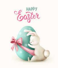 Happy Easter Rabbit hugs an egg on beige background. Happy Easter holiday vector illustration. Easter card or poster.