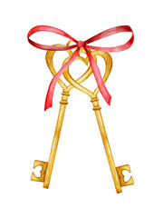 A pair of keys tied with a ribbon. watercolor clipart for valentines day. Isolated clipart element on white background.