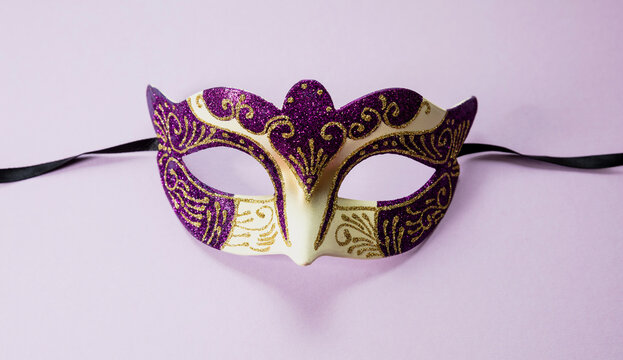Carnival Venetian purple color with glitter on vibrant pink background, female disguise, masquerade