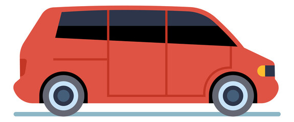 Minivan icon. Red cartoon car. Side view of big family auto