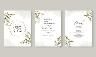 Beautiful wedding invitation card set template with watercolor leaves