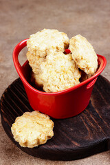 Homemade sweet scones on table.
