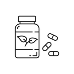 Jar with vitamins or nutrition supplements outline icon. Healthy and sport nutrition, dieting thin line vector pictogram. Healthy lifestyle minimalistic icon with medicine drugs dragee container