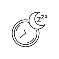 Sleeping time outline icon, healthy lifestyle exercise thin line sign. Healthy sleep and resting thin line pictogram, lack of sleep and insomnia problem outline symbol with clock and moon - obrazy, fototapety, plakaty