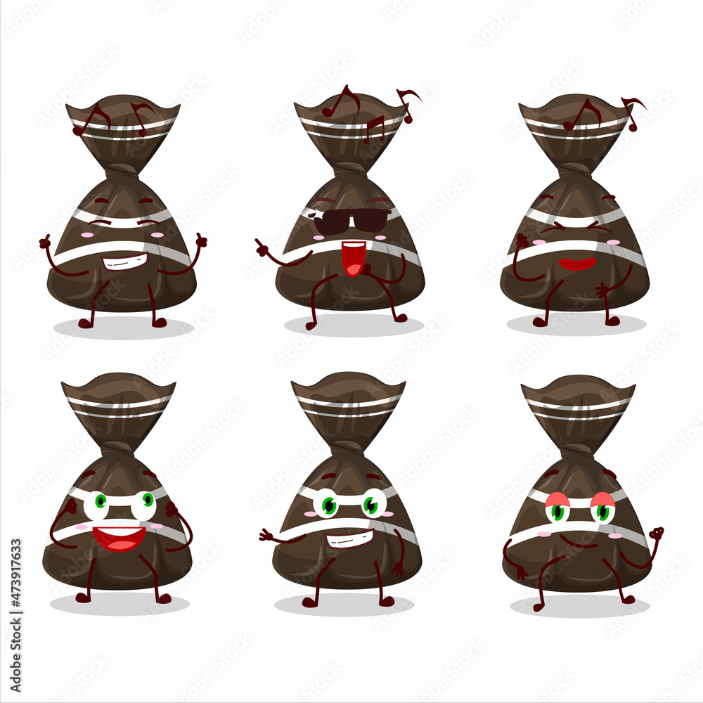 Poster an image of chocolate candy wrappers dancer cartoon character enjoying the music