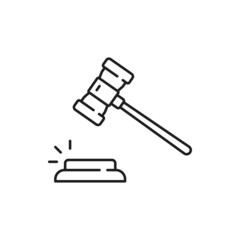 Decision mallet judge hammer, court and law legal service icon. Vector judge equipment, court item, justice and verdict announcement of guilty or innocent. Judicial branch of power symbol