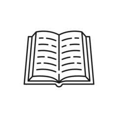 Justice, judgment and law open book isolated notary and legal service thin line icon. Vector textbook or school literature sign. Lawyer lawbook, antique statute paragraphs in attorney in hard cover
