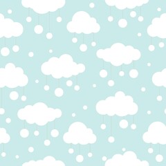 Winter Seamless pattern with white clouds, snow balls and dots on blue sky.