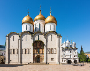 Fototapeta na wymiar The Dormition Cathedral in Moscow Kremlin, also known as the Assumption Cathedral or Cathedral of the Assumption