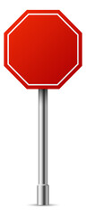 Red road sign. Realistic blank octagon board. Alarm symbol