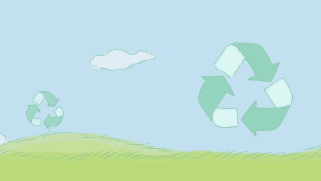 Animation of Recycle logo, on the cloudy blue sky background, Save the planet, world environment day, ecology nature clean saving energy