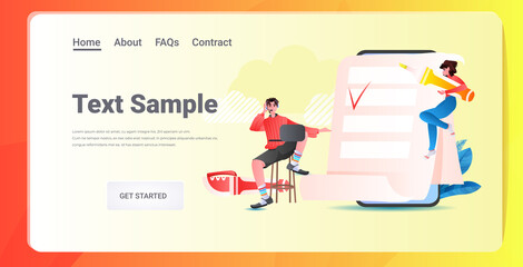 businesspeople completing checklist business organization achievements of goal time management concept