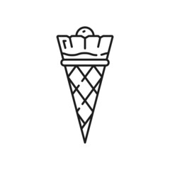 Ice cream in waffle cone isolated outline icon. Vector cold refreshing summer dessert, italian sundae in wafer. Gelato ice-cream snack thin line fastfood snack. Refreshing frozen candy cone